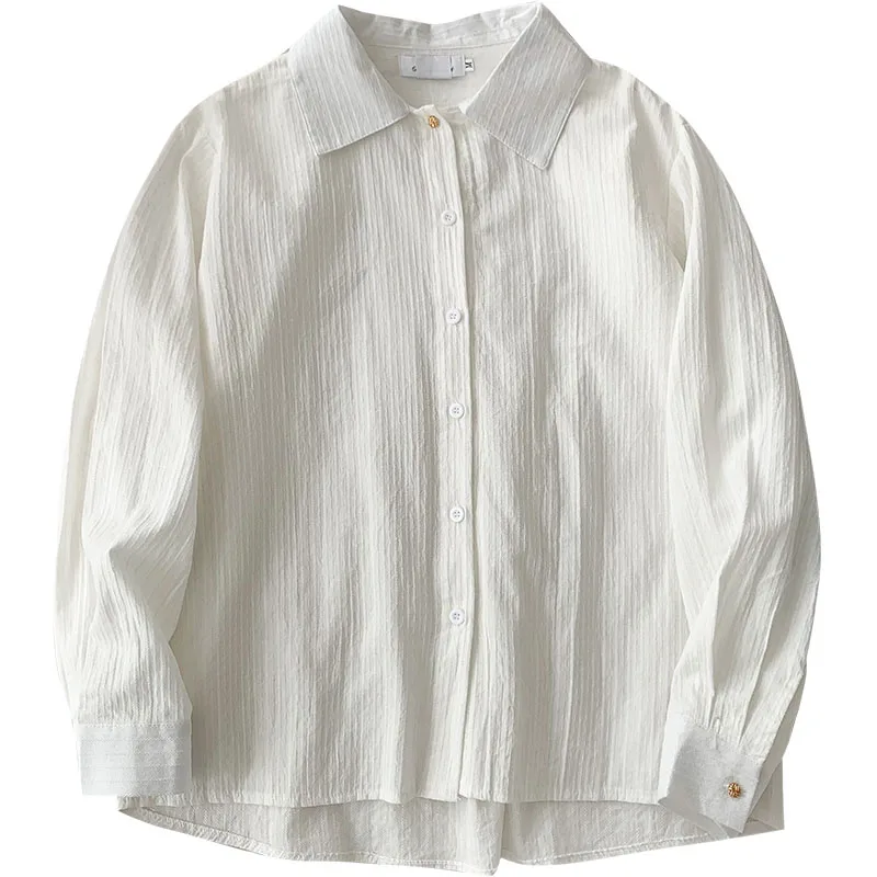 

White Women Shirts Sweet Style Summer New 2021 Turn-Down Long-Sleeved Loose Solid Female Outwear Tops