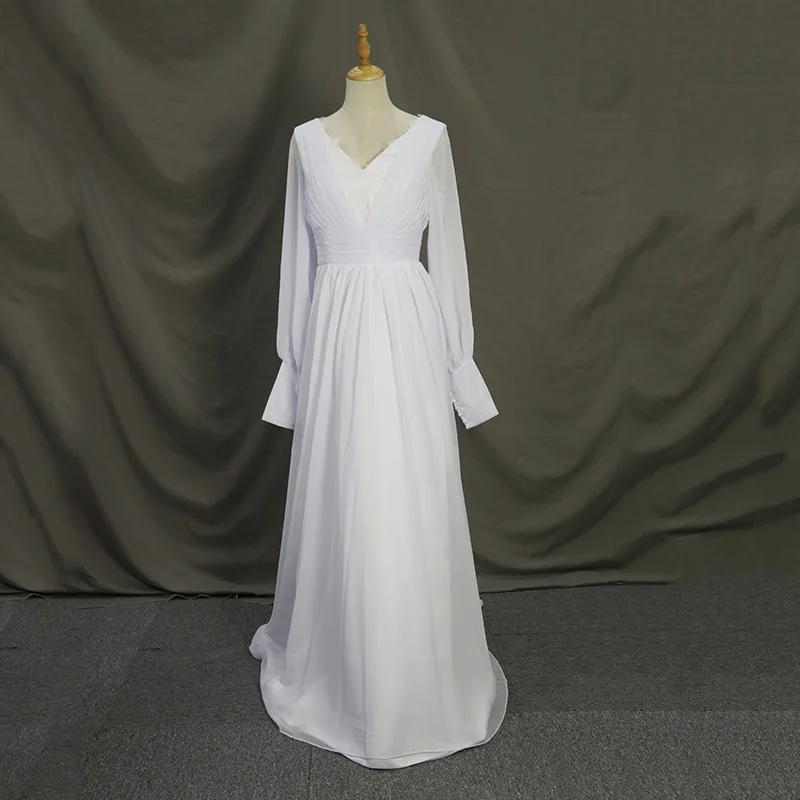 

Boho Wedding Dress Chiffon With Floor Length V-neck Full Sleeve Bride Gowns Ruched Backless Plus Size Custom Made