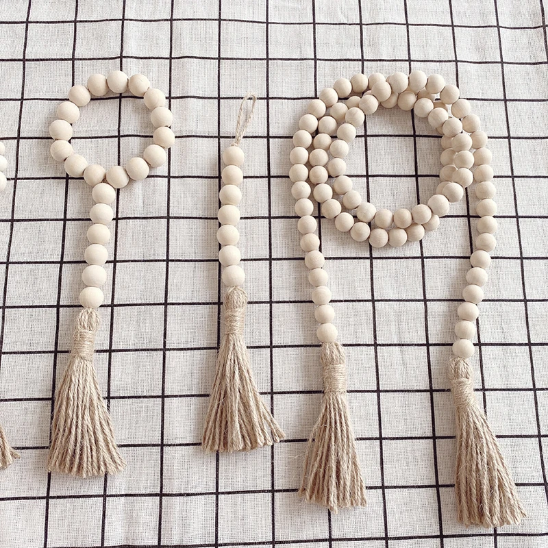 

DIY Wooden Home Decoration Handmade Garland With Jute Rustic Tassel Wood Bead Ornament For Rattan Macrame Wall Hanging Boho Gift