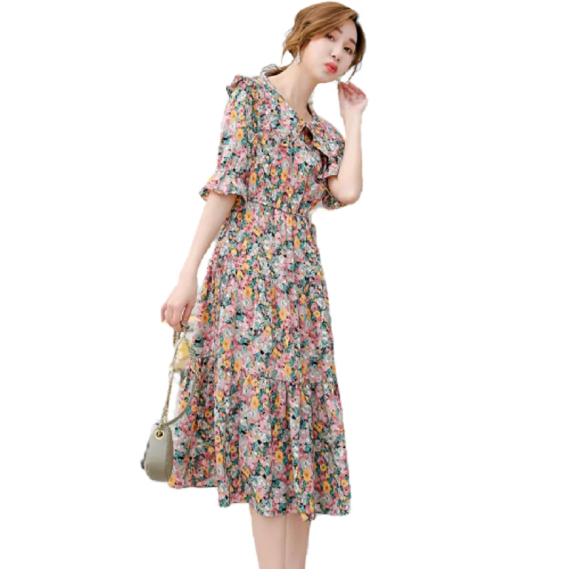 

Summer Dress For Women 2021 New Small Daisy Floral Doll Collar Long Dress French Retro Temperament Waist Gentle Fairy Dress