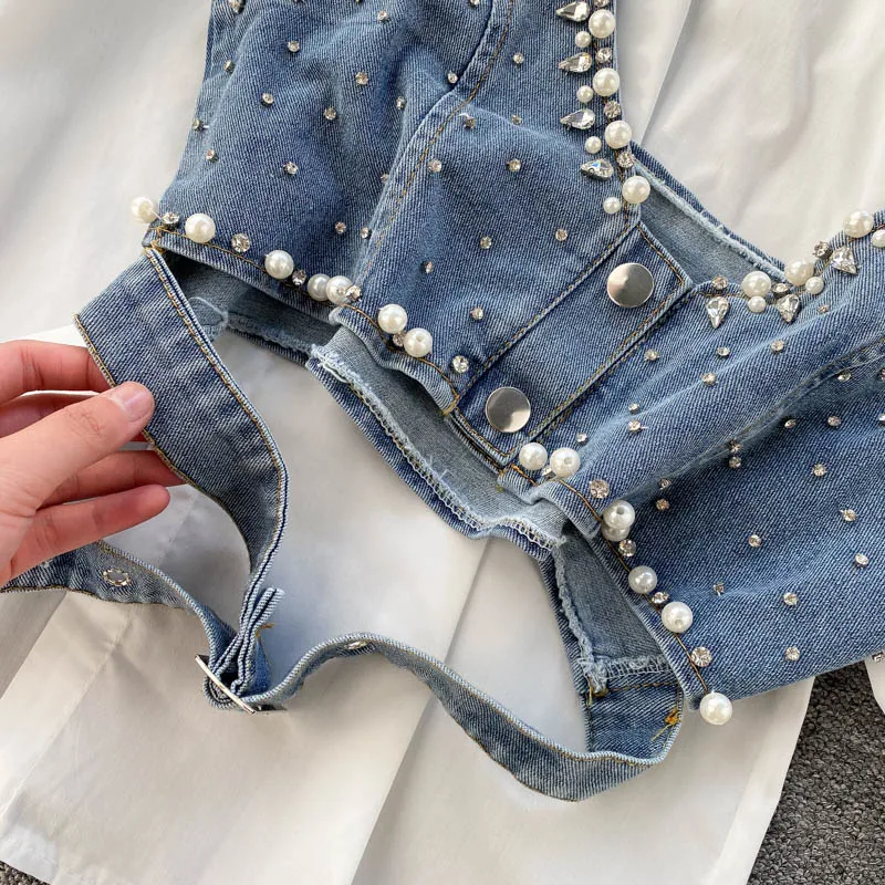 

Spring 2021 New Temperament Blouse Female Lapel Beaded Stacking Bead Blusa Sling Waistcoat C Fashion Two-piece Shirt