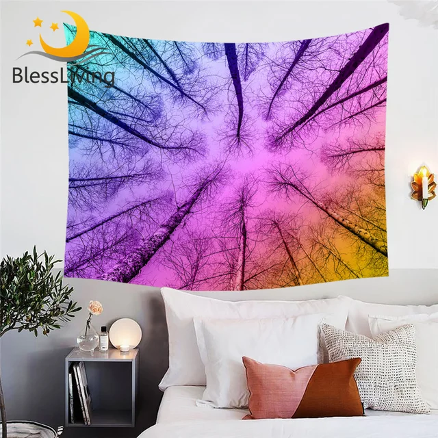BlessLiving Forest Tapestry Woodland Tree Bole Wall Carpet Rainbow Colorful Sky Natural Beauty Decorative Wall Hanging Drop Ship 1