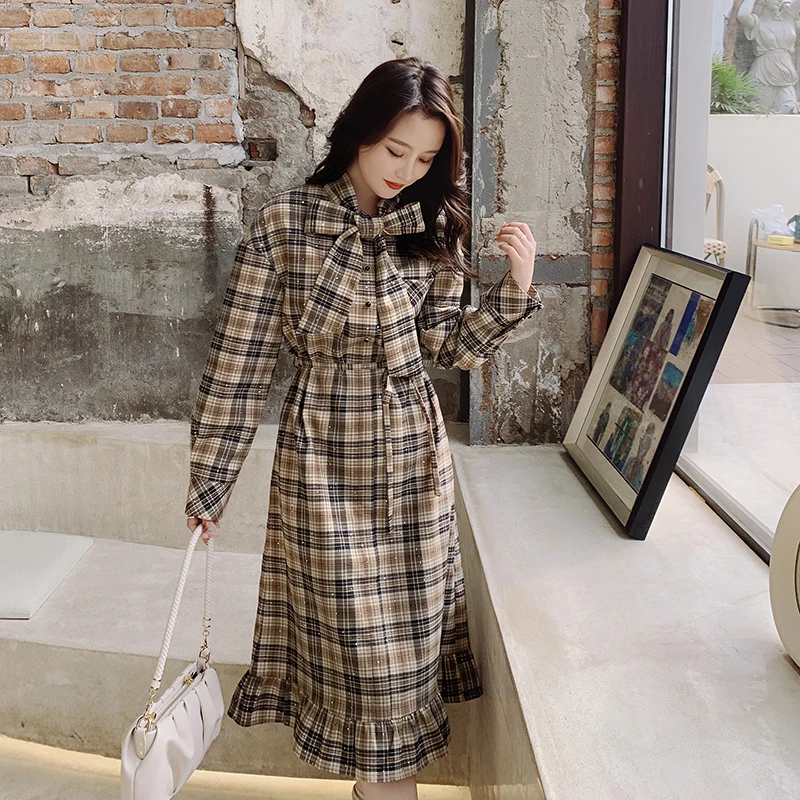 

Bow Collar Long Sleeve Plaid Sequins Fishtail Dress Spring Autumn Women Vintage Elegant Slim Casual French Mid-long Dresses 8010