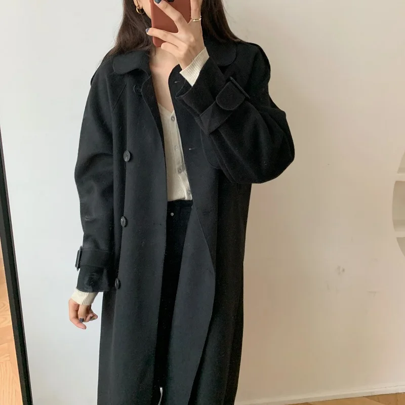 

Alien Kitty Coats 2021 Autumn Winter New Double Breasted Women's Solid Color Lapel Loose Long Double-Sided Wool Coat Female