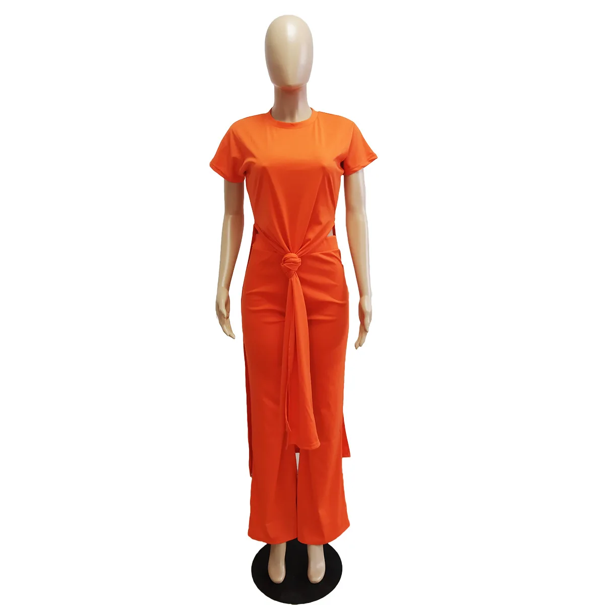 

Plus Size Solid Two Piece Set Autumn Clothing Side High Split Extra Long Tops and Loose Wide Leg Pant Suits Casual Matching Set