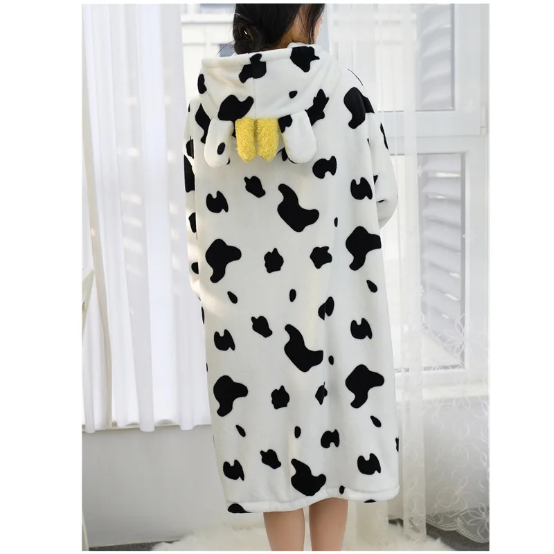 Robes for Women Cow Printed Pajamas Autumn Winter Cute Ladies Nightgown Mid-length Thick Loose Flannel Homewear Bathrobe