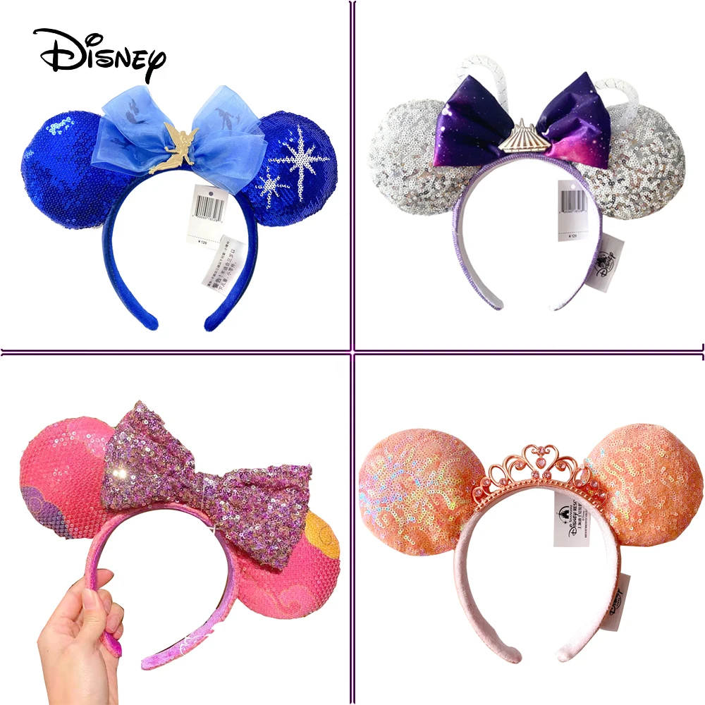 

New Disney Mickey Mouse Ears Headband Space Mountain Lunar New Year Minnie Bow Pink Sequins Cartoon Anime Headdress Headband Gif
