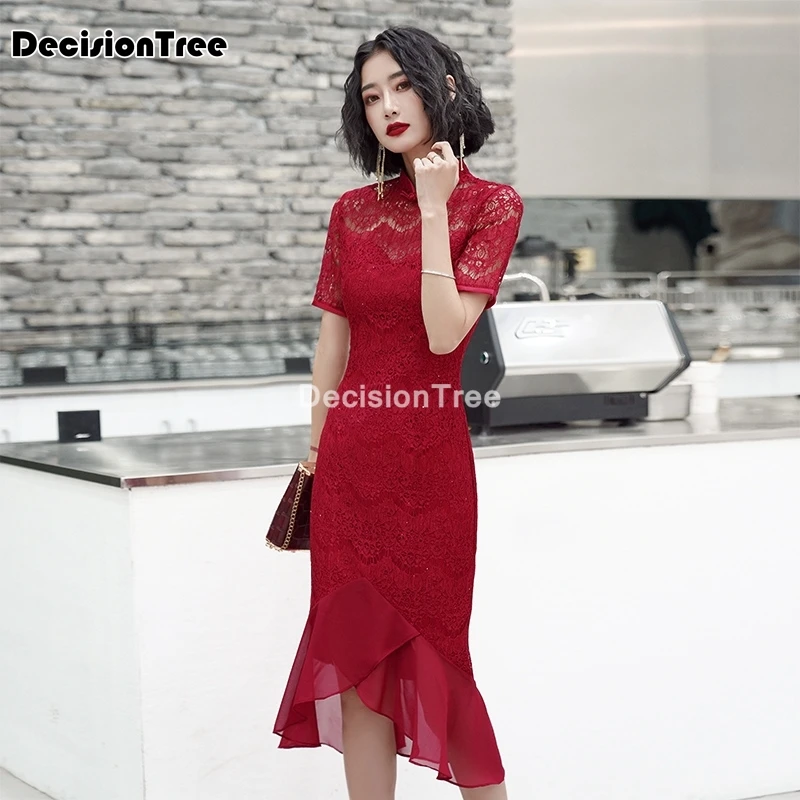 Женское кружевное платье Ципао Элегантное Длинное Красное Русалка с воротником
