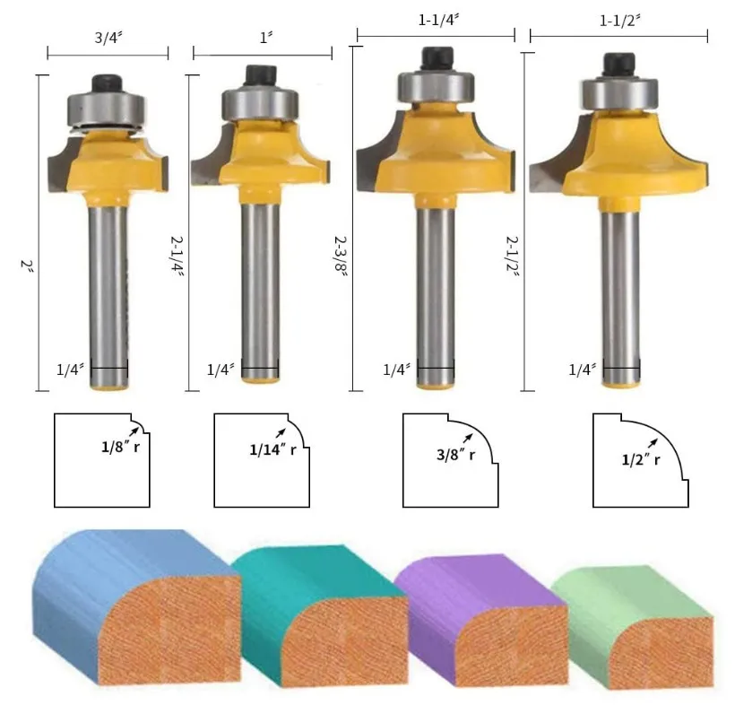 

4Pcs 1/4" Shank Round Over Router Bit Set Rounding Corner Milling Cutter Woodworking Carbide Rounding Edge-forming Bits For Wood
