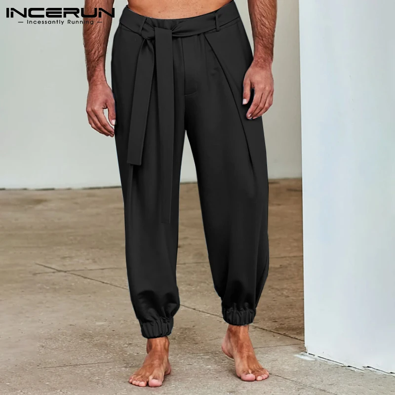 

2021 Men Casual Pants Lace Up Joggers Solid Color Pockets Trousers Streetwear Loose Cozy Leisure Pantalones Hombre S-5XL INCERUN