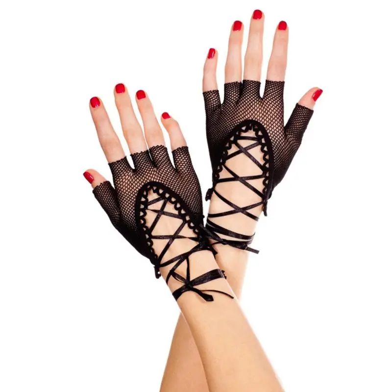 

Womens Wrist Length Punk Sexy Half Finger Gloves Solid Color Hollow Out Fishnet Criss Cross Lace Up Bandage Mittens Dancing