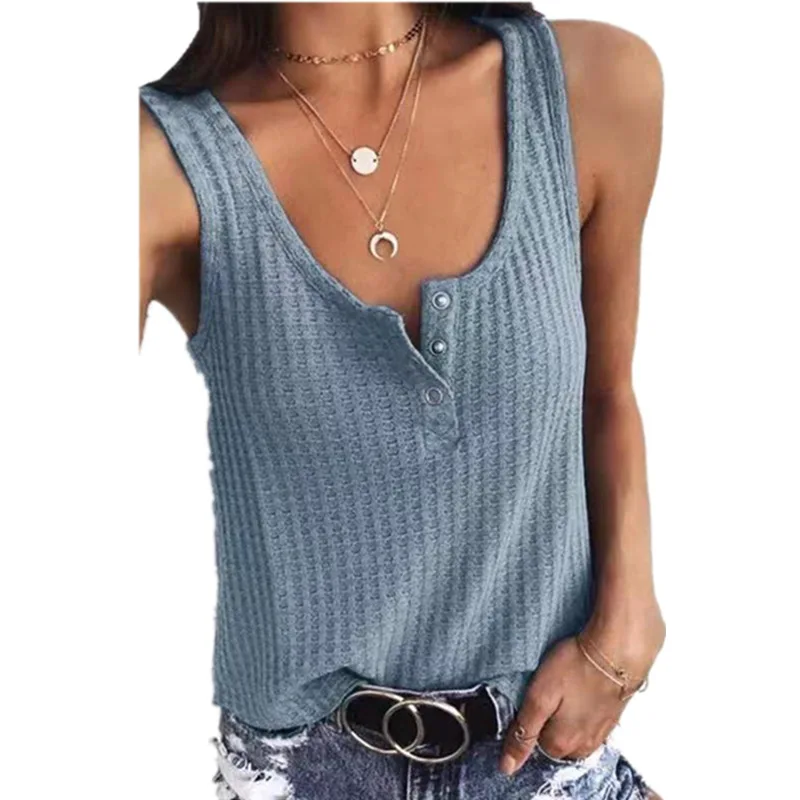 

Summer Sleeveless Tank Shirt Women Casual Loose Harajuku Solid Color U Neck Off Shoulder Button Tshirt Plus Size Clothing
