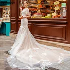 Sevintage Русалка длинным шлейфом для девочек; Платье в стиле бохо, свадебные платья водонепроницаемые Мокасины с бахромой и вырез, свадебные платья с кружевной аппликацией индивидуальный заказ; Обувь под свадебное платье для невесты 2021