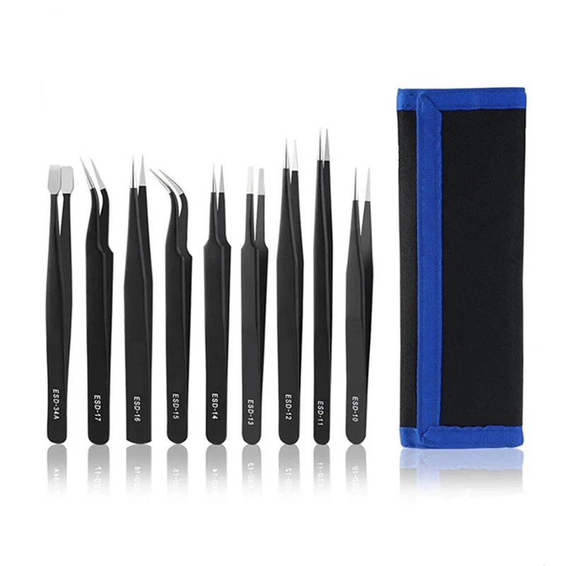 

9Pcs Tweezers Set Stainless Steel Anti-static Precision Tweezers Repair Tool Kit for Electronic Watch Mobile Phone