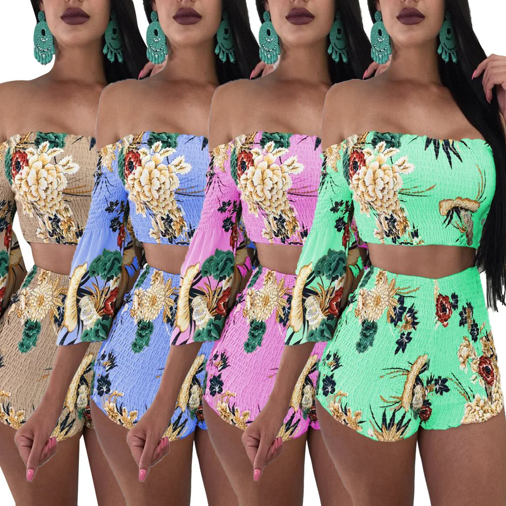 

Zoctuo Sexy Floral Print Crop Top Short Set Women Slash Neck Two Piece Outfit Flare Sleeve Skinny Party Club Short Sets