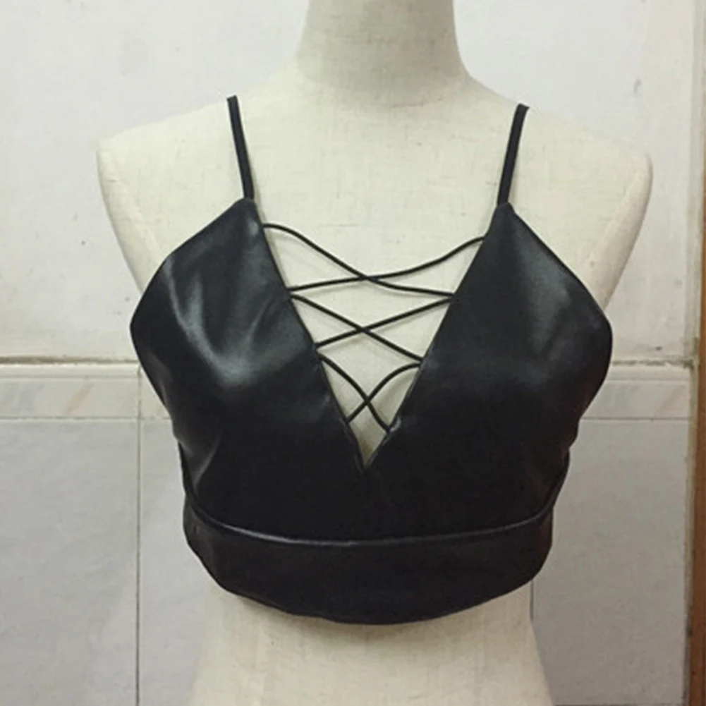 

Sexy women vest shirts blouse bustier PU leather crop tops club wear bralette