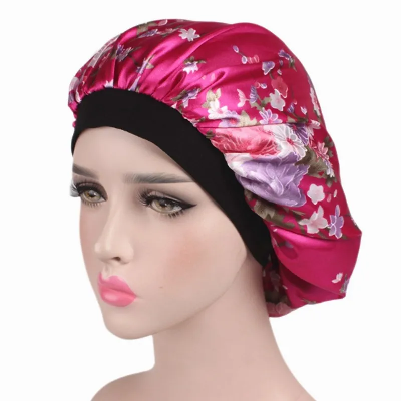 

2020 New Women Satin Night Sleep Cap Waterproof Shower Caps Hair Bonnet Hat Silk Head Cover Wide Elastic Band Caps