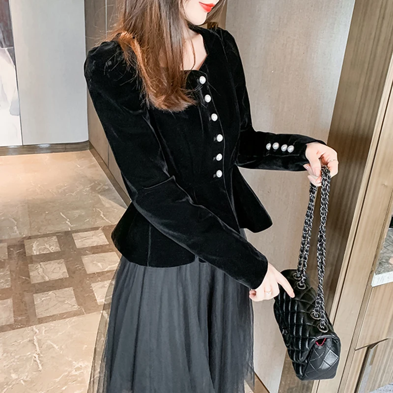 

Single Breasted Pearl Button Blouses Women Black Vintage Long Sleeve Slim Shirt Female Korean Style Elegant Ruffle Hem Tops