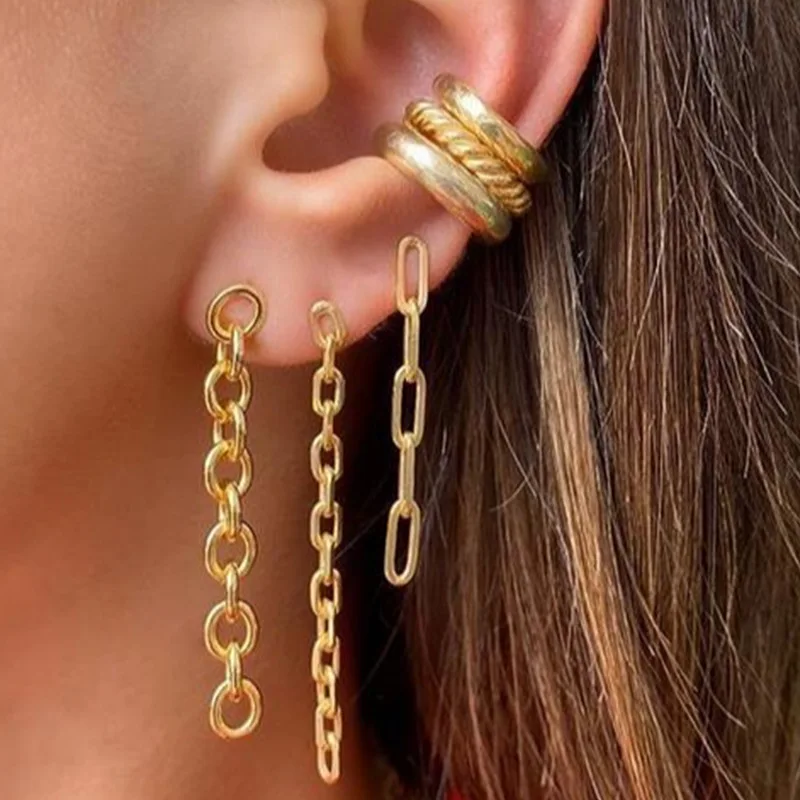 

Luokey New Fashion Simple Punk Stud Earring For Girls Geometric Tassel Chain Ear Stud Women Gothic Jewelry Collares De Moda 2021