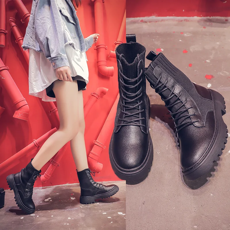 

Autumn and Winter Women's Martin Boots Elastic Boots Fashion Style 2021 New Flying Knit + Pu Shoe Upper Outdoor Leisure