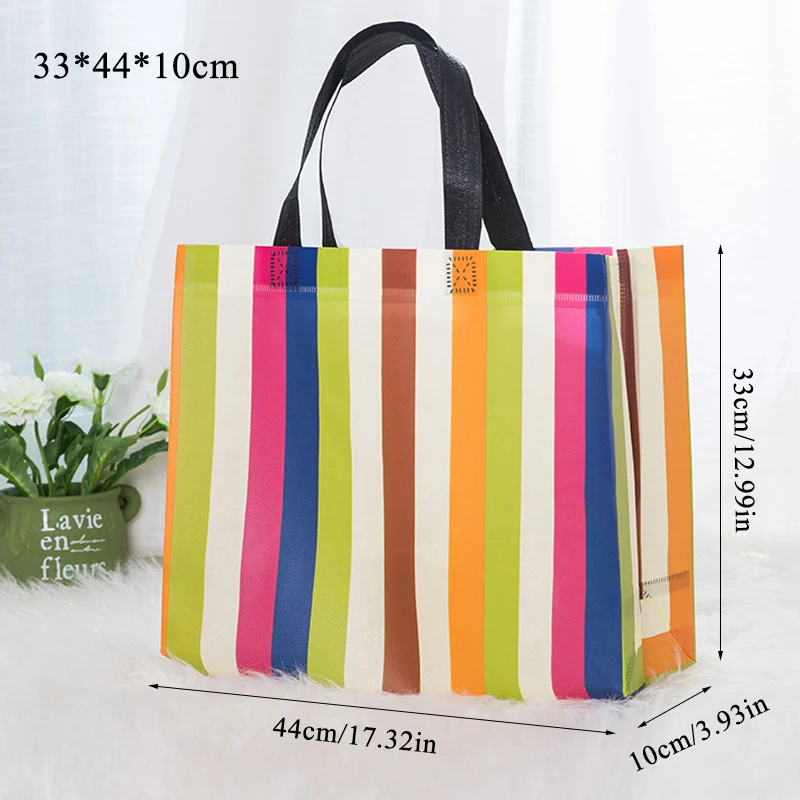 

New Stripe Print Foldable Non-woven Fabric Shopping Bag Reusable Tote Pouch Women Travel Storage Handbag Fashion Shoulder Bag