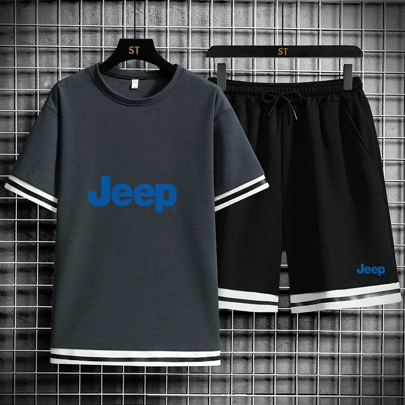 

2021 new JEEO car LOGO men's short-sleeved hot sale printed T-shirt sports and leisure suit short-sleeve summer 2-piece set