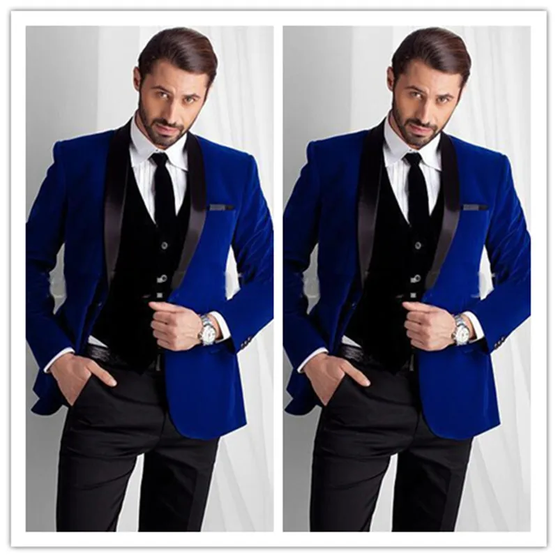 Новый стиль королевский синий Бархатный смокинг для жениха костюмы на одной