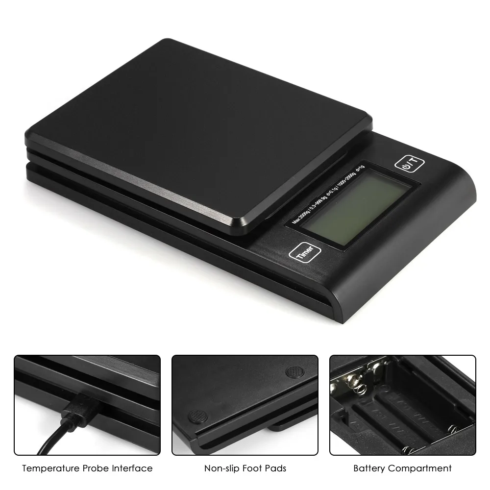 

New Digital Coffee Scale Multifunction Kitchen Food Scale with Timer Temperature Probe LCD Display Green Backlight 2000g/1g