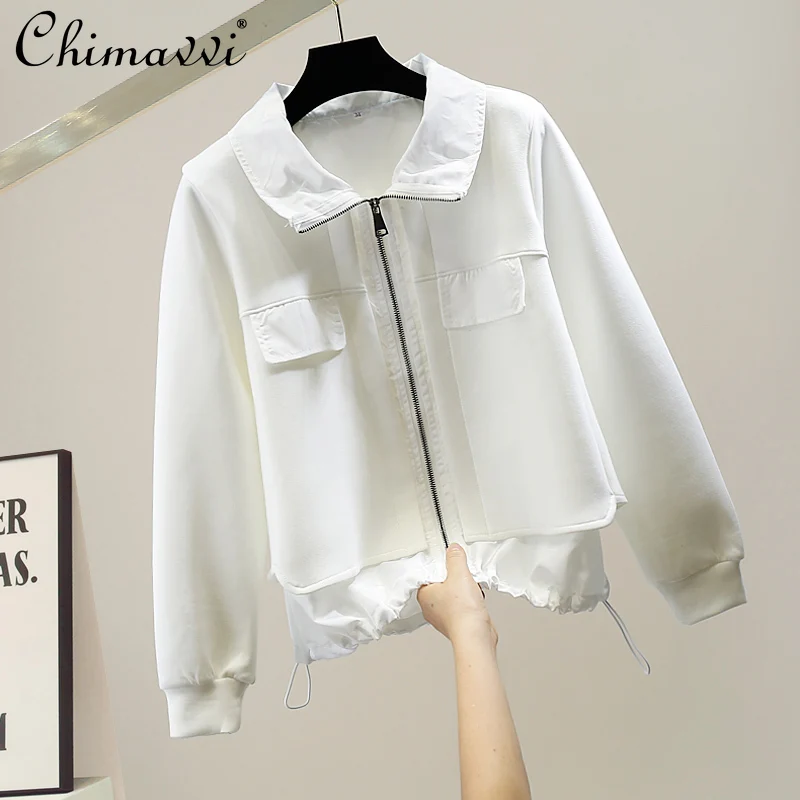 

Korean Fashion Fake Double Pocket Sweatshirts 2021 Autumn Double Layer Stitching Drawstring Space Cotton Coat Loose Casual Tops