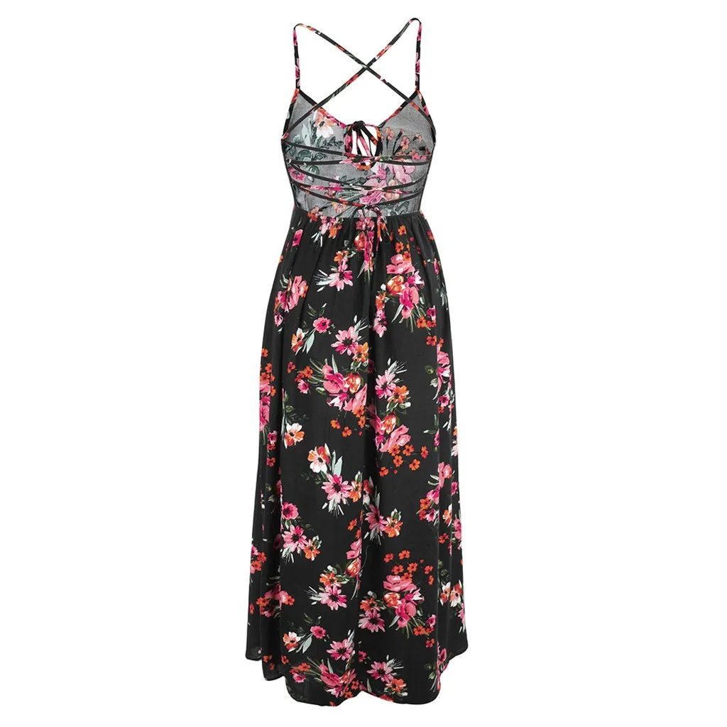 

Summer Women Dress Sexy Camisole Sleeveless Floral Print Long Dresses Sexy Backless Cross Drawstring Beach Maxi Dress Vestidos