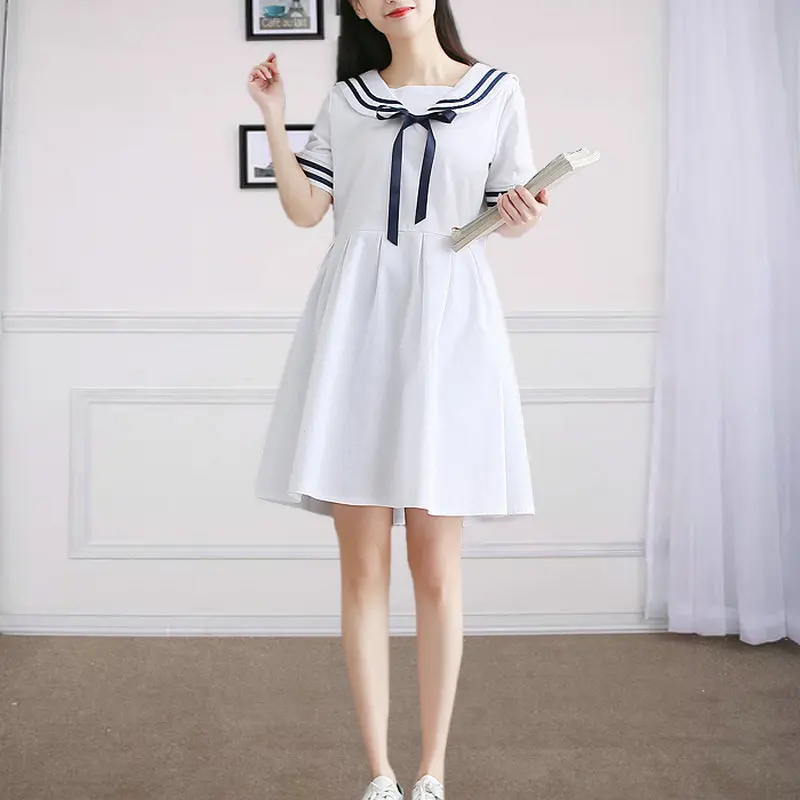 Mori Girl/летнее женское платье темно синего цвета с матросским воротником милое