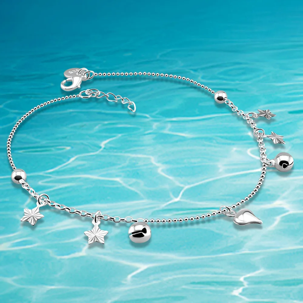 Цепочка на ногу из серебра с подвеской звездами и колокольчиками|anklets leather|bell