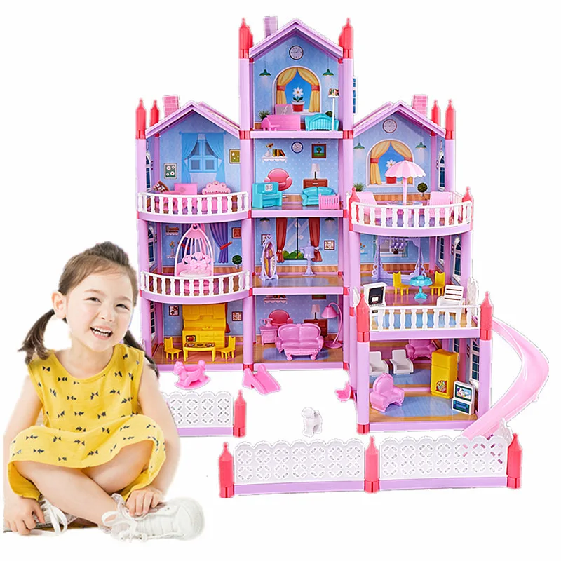 

DIY Dollhouses Princess Pink Castle Big Villa Play House With Slide Yard Kit Assembled Doll House Toys for Girls Children Gifts