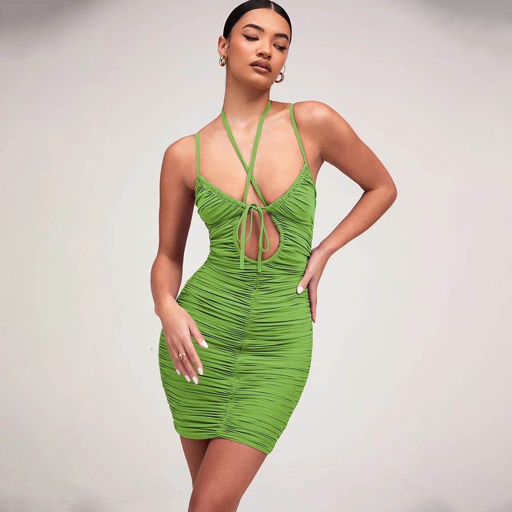 

wsevypo Sexy Spaghetti Strap Tie Up Ruched Bodycon Dress Women’s Sleeveless Mini Sheath Dress Party Club Elegant Solid Sundress