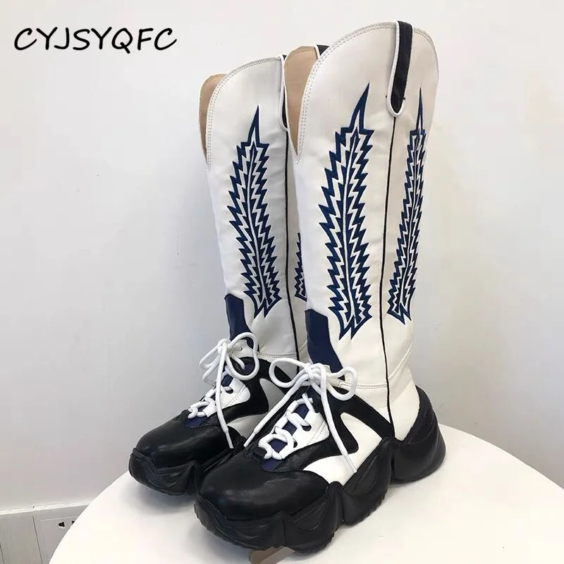 

Длинные ковбойские ботинки с вышивкой в стиле ретро, с круглым носком