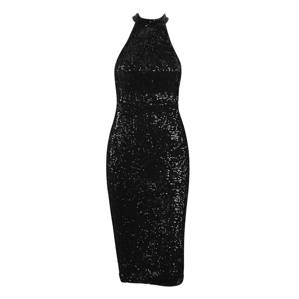 Женское платье с лямкой на шее LOVE & LEMONADE черное облегающее эластичное вечернее до