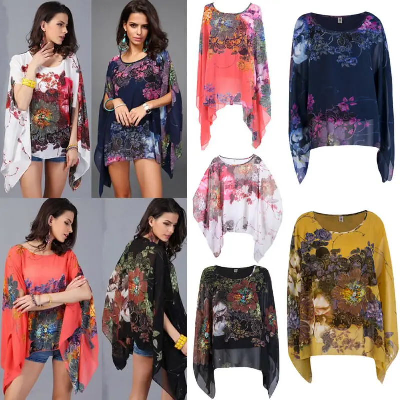 Модная женская одежда Свободная шифоновая футболка с цветочным принтом рукав