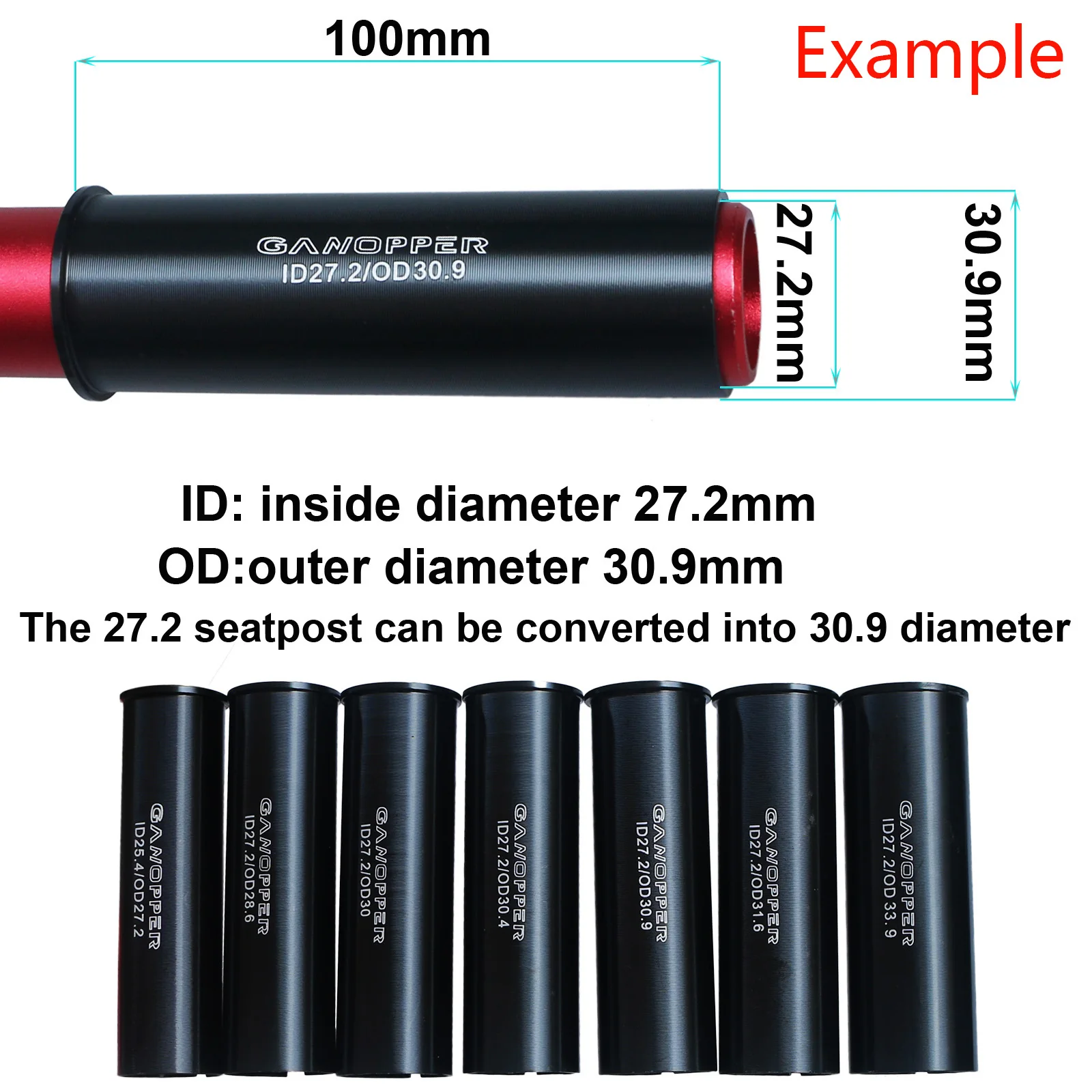 Description Picture 3 of itemBicycle Seatpost Adapter MTB Road Bike Seat Post Shim 22.2 25.4 27.2 to 28.6 30 30.4  30.9 31.6 31.8 33.9 34.9 Reducing Sleeve