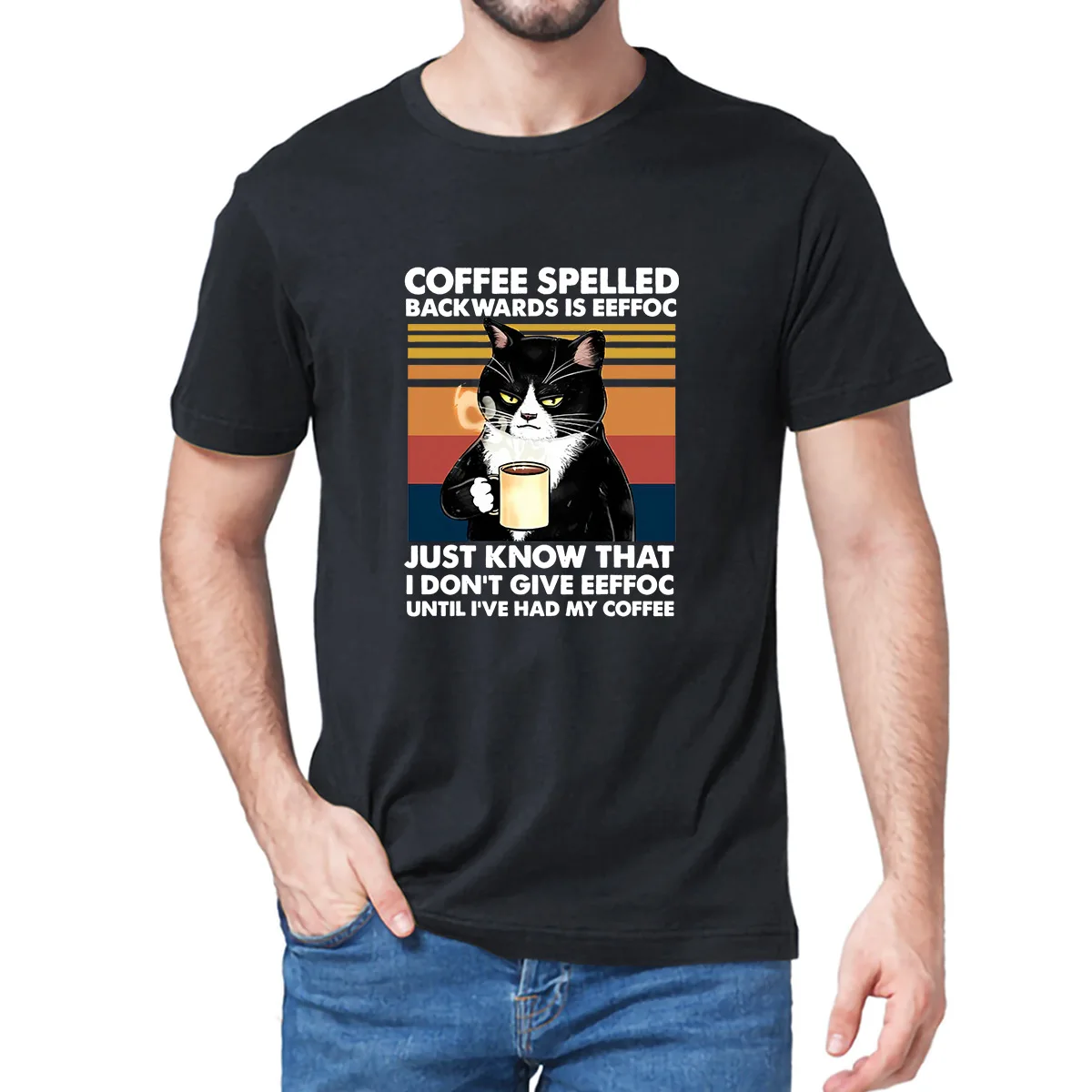 

Black Cat Coffee Spelled Backwards Is Eeffoc Funny Cat Coffee Lover Men's 100% Cotton Short Sleeve Novelty T-Shirt Streetwear