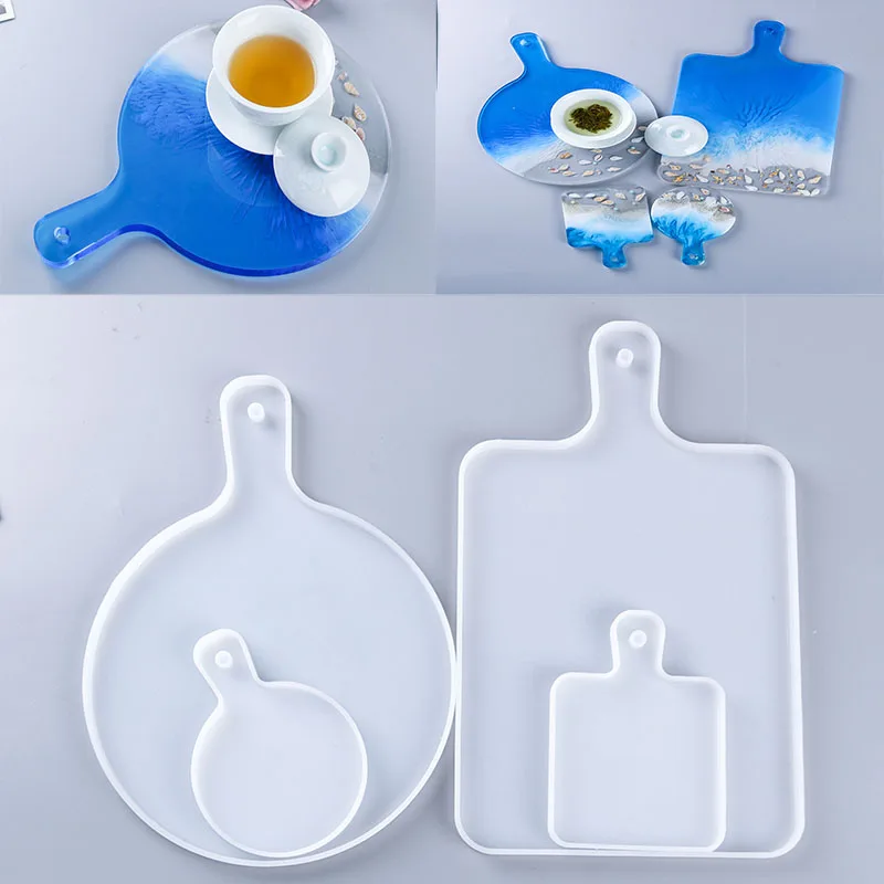 

DIY Resin Mold Round Compote Handmade Crystal Epoxy Coaster Serving Board Tray with Handle Silicone Fruit Cakes Plate Mould Kits
