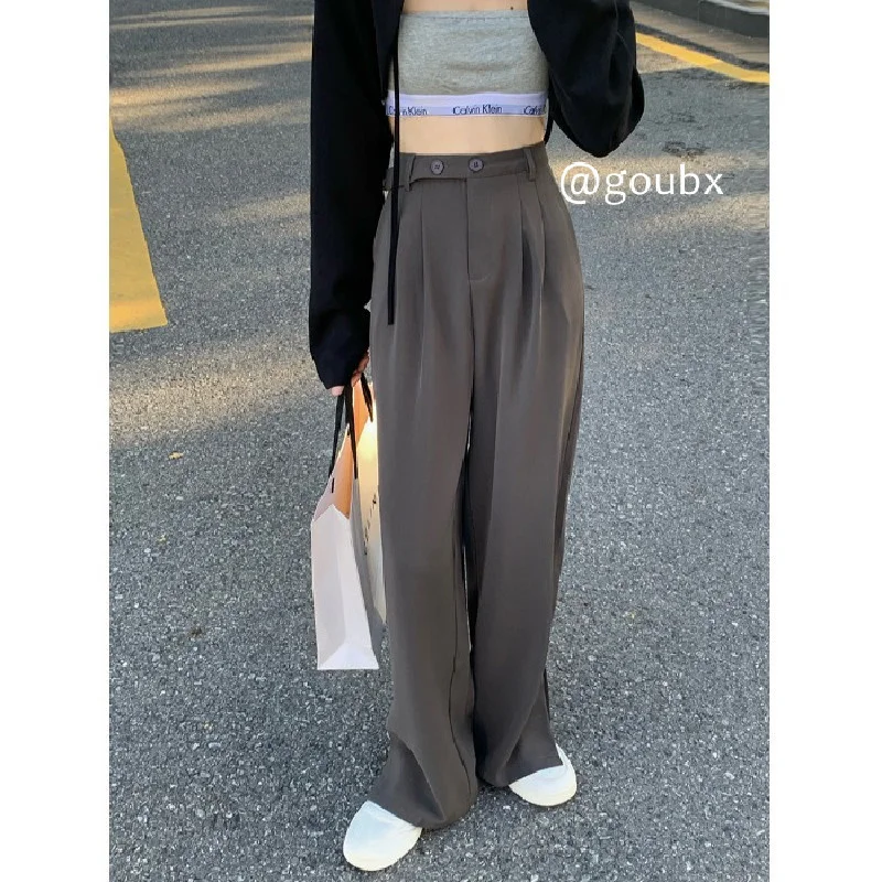 

Новинка 2021, осенний дизайн, брюки с завышенной талией, стройнящие и прямые, женские драпированные брюки с широкими штанинами и разрезом.