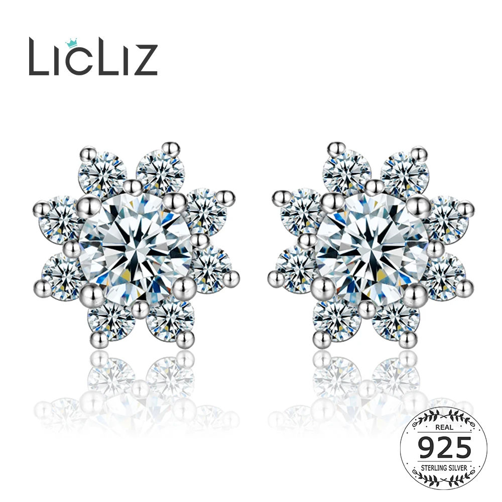 Женские серьги гвоздики с цветком LicLiz из стерлингового серебра 925 пробы фианитом