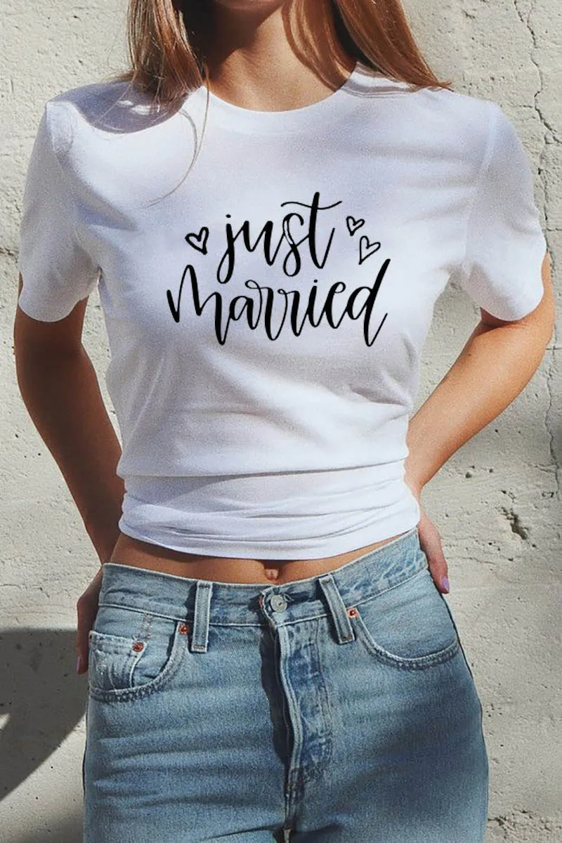 

Just Married Printed Funny Casual 100%Cotton Women T-Shirt Bachelorette Party Shirts Gift for Recent Wife Honeymoon Vacation Tee