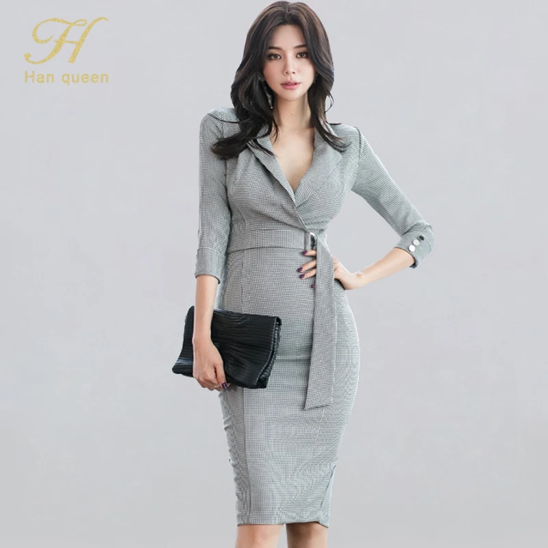 Женское офисное платье карандаш H Han Queen Осенние костюмы с отложным воротником