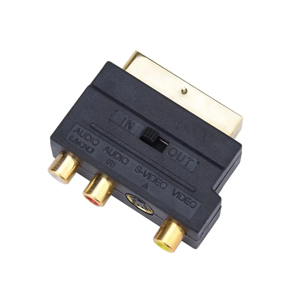 SCART Adaptor AV Block To 3 Phono Composite or S-Video With In/Out Switch Gold Flashed Connectors |