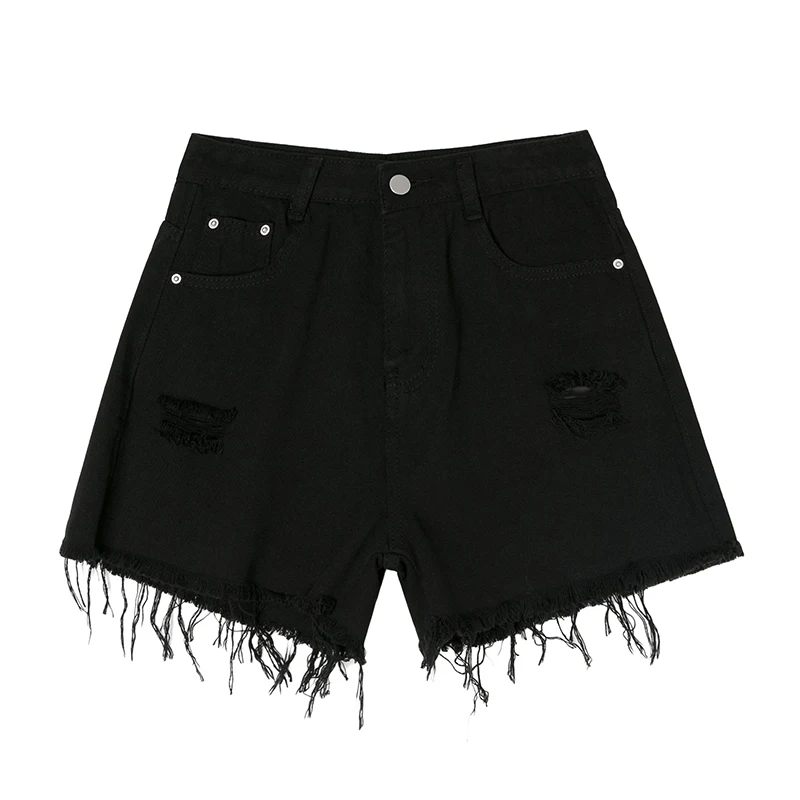 

Ailegogo New Summer Women High Waist Retro Black Tassel Denim Shorts Streetwear Female Hole Wide Leg Loose Ladies Jeans Shorts