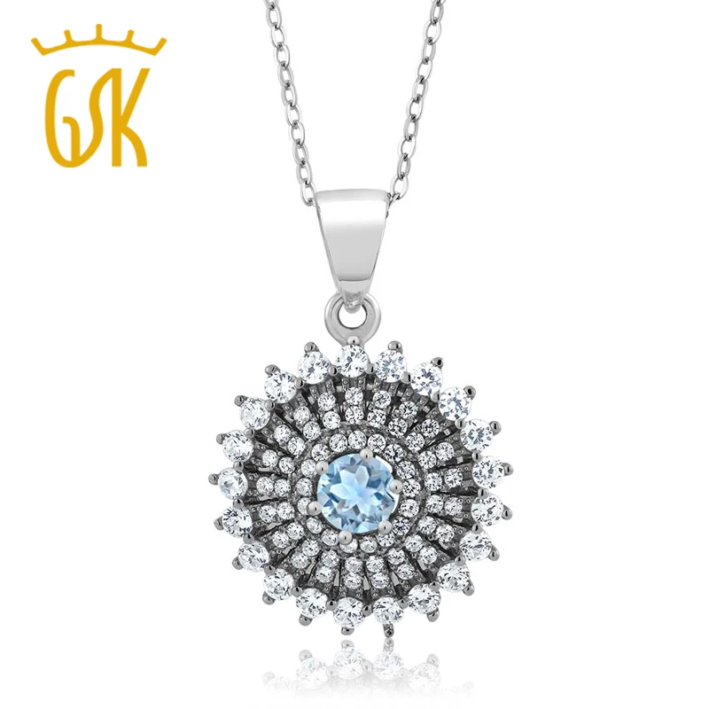 1 54 карат Круглый Небесно Голубой Аквамарин серебро 925 пробы кулон| |