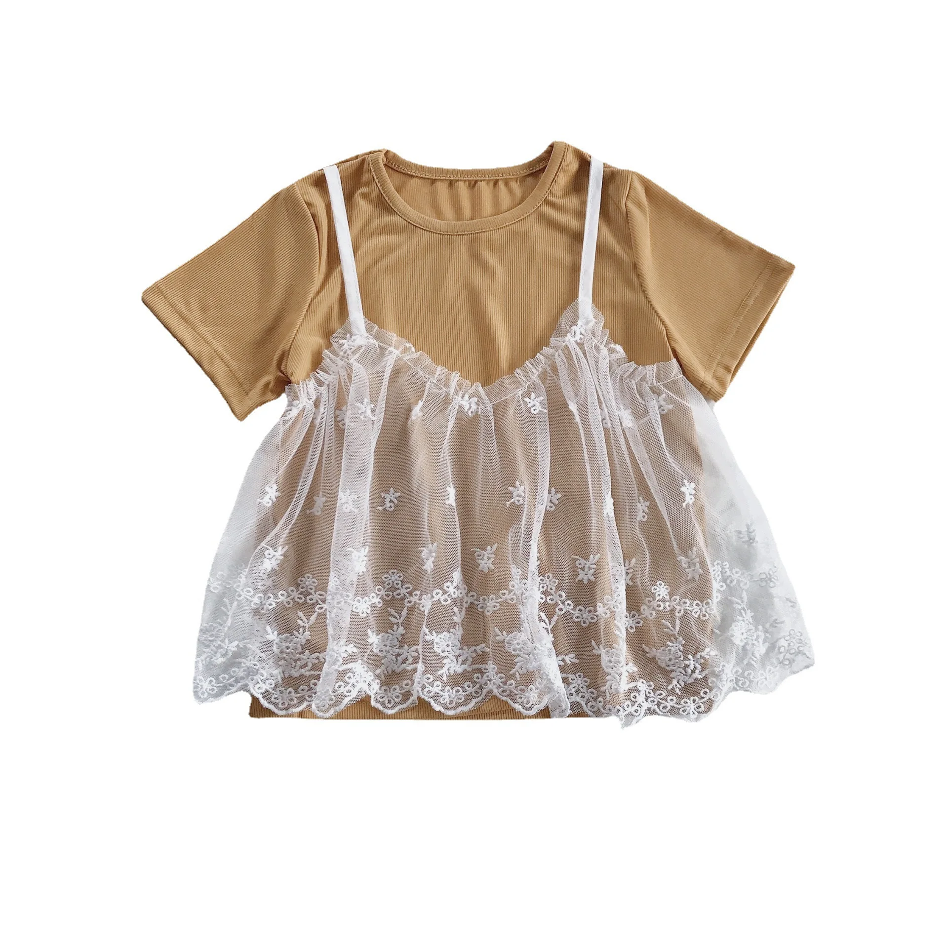 

Girls' Short-Sleeved Tops 2021 Summer New Arrivals Female Baby Korean Version Of Fake Two-Piece Lace Mesh T-shirt Soft Cotton
