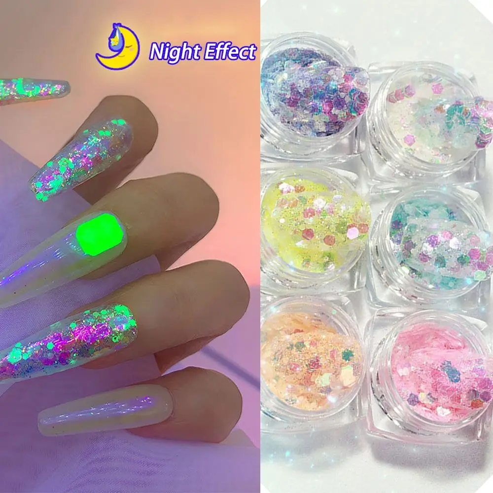 

6Pcs/Set New Manicure Decor DIY Art Glitter Luminous Nail Sequins Acrylic Paillettes Glow In Dark Fluorescent Flakes