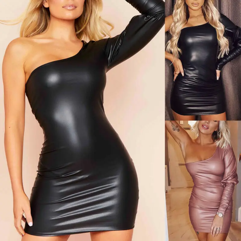 Женское платье из ПУ кожи с открытой спиной и одним плечом | Женская одежда